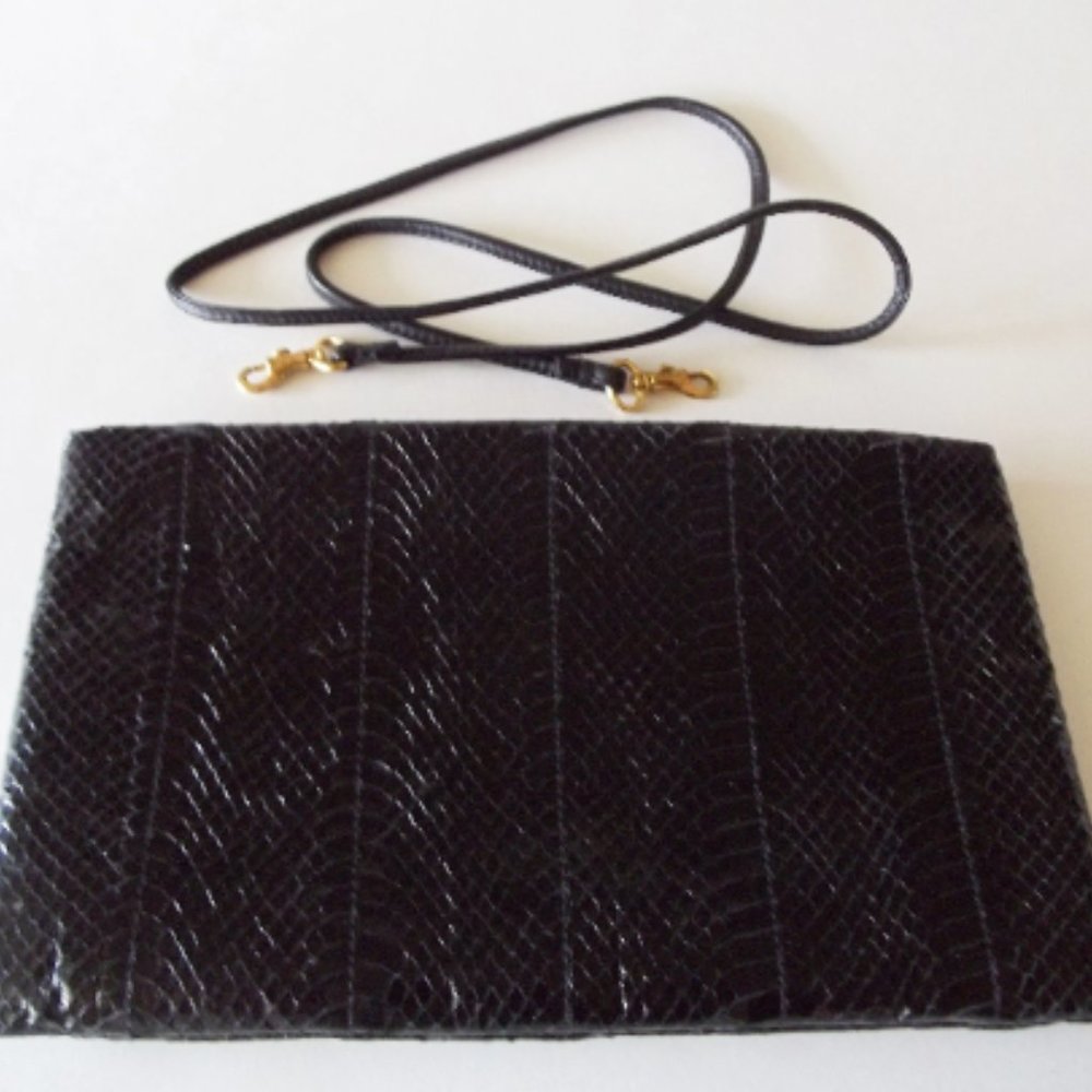 Vintage Black Snakeskin Handbag Convertible Purse, Clutch Shoulder, Ivey's 1980s